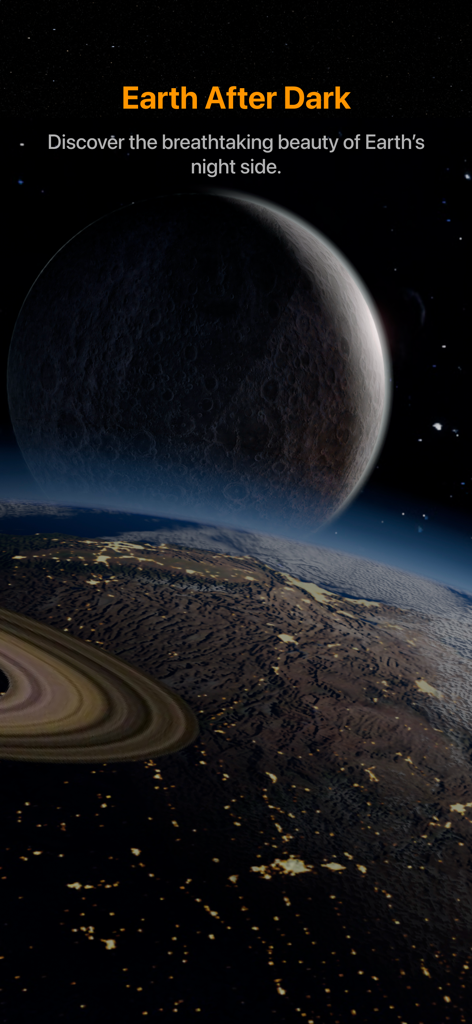 Vista 3D del lado nocturno de la Tierra con luces de ciudad en la aplicación Space Gate