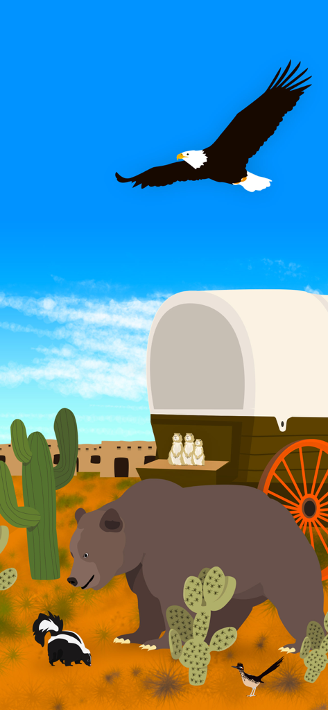 Vida selvagem da América do Norte, incluindo um urso, águia e gambá em uma cena desértica com uma carroça coberta