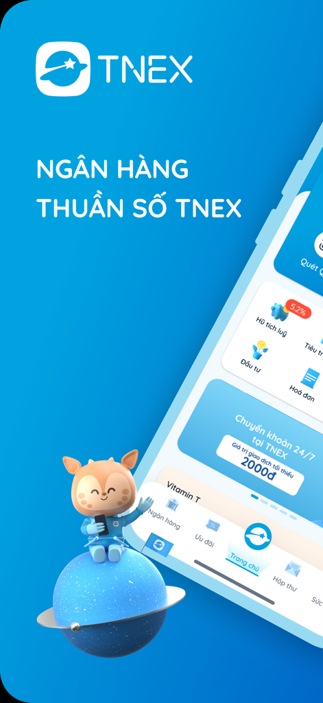 TNEX - Ngân hàng số thế hệ mới - TNEX 디지털 뱅킹 앱 인터페이스, 홈 화면 기능 및 마스코트 표시