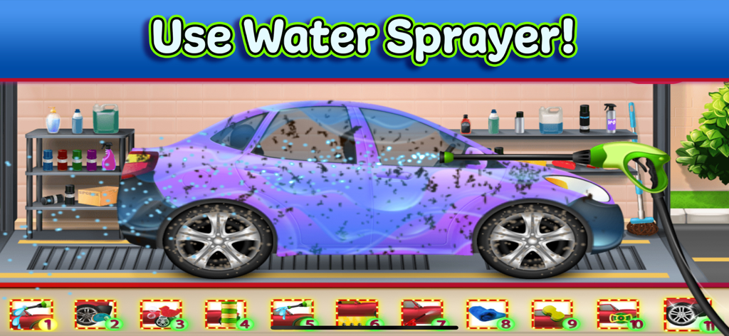 Tiny Car & Truck Wash Games - A purple car being rinsed with a green water sprayer in a kids car wash game.