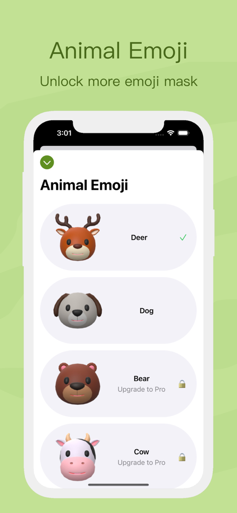 HeadsUp - Improve Posture - HeadsUp app screen showing animal emoji options including a deer, dog, bear, and cow for posture tracking avatars.