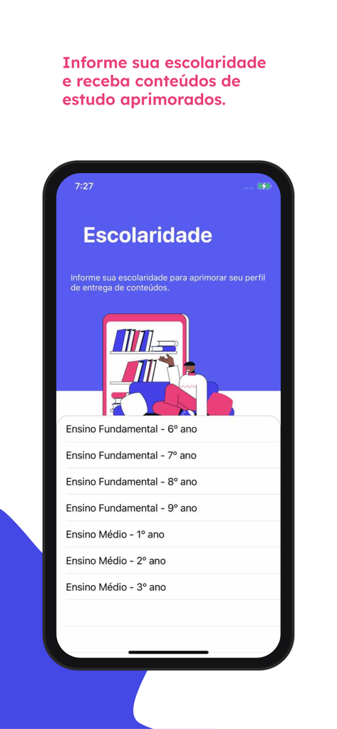 Aya Ensinah app screen showing school grade level selection for personalized study content.