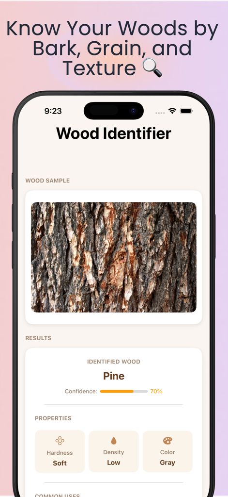 Wood Identifier AI Scanner - Interface of the Wood Identifier AI app showing a scan of pine bark with identification results and properties