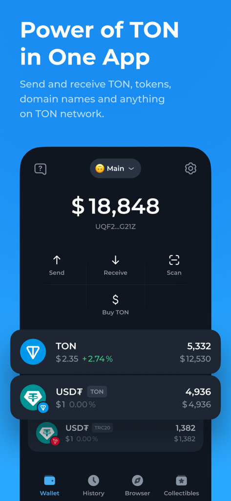 Tonkeeper mobile App-Oberfläche, die ein Krypto-Wallet-Guthaben und eine Asset-Liste mit Toncoin und USDT anzeigt