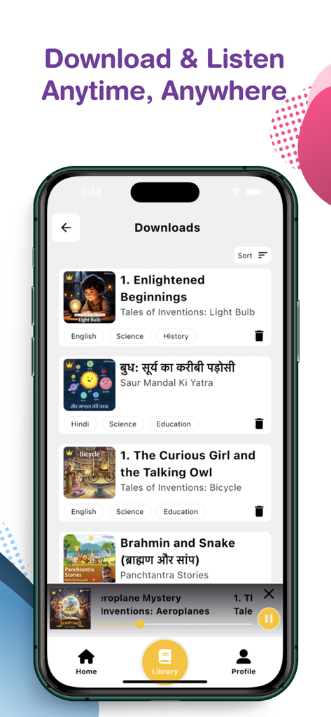 Chimes: Kids Audio Stories - Downloads screen of Chimes app featuring a list of kids audio stories in English and Hindi for offline listening.