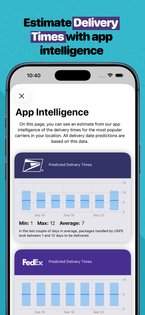 USPS 및 FedEx에 대한 예상 배송 시간을 보여주는 App Intelligence 화면
