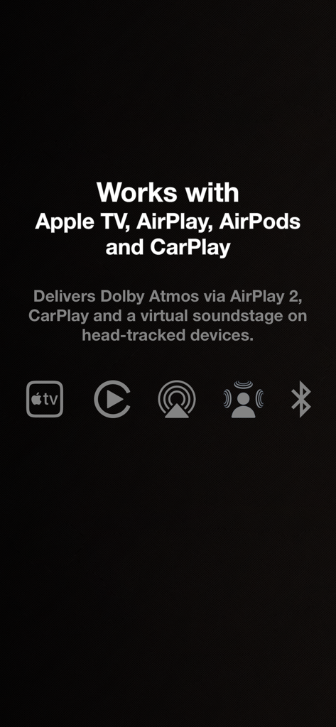 Sound test for Dolby Atmos - Kompatibilitätsbildschirm der Sound Test for Dolby Atmos App mit Symbolen für Apple TV, CarPlay, AirPlay und AirPods
