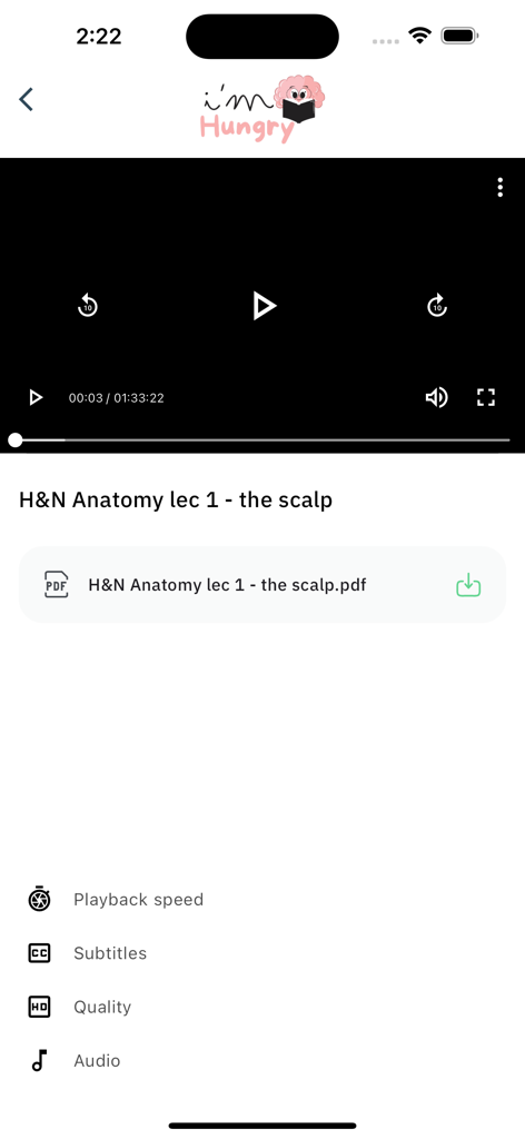 Interface do player de vídeo no aplicativo i'm hungry mostrando uma aula de anatomia odontológica sobre o couro cabeludo com um PDF para download