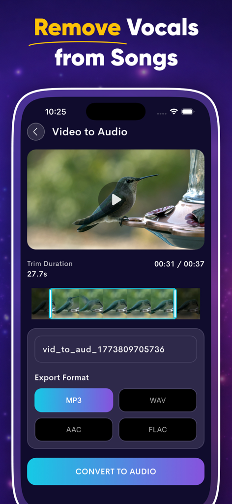 MP3 Cutter & Music Editor - Smartphone screen showing the video to audio conversion tool in the MP3 Cutter and Music Editor app