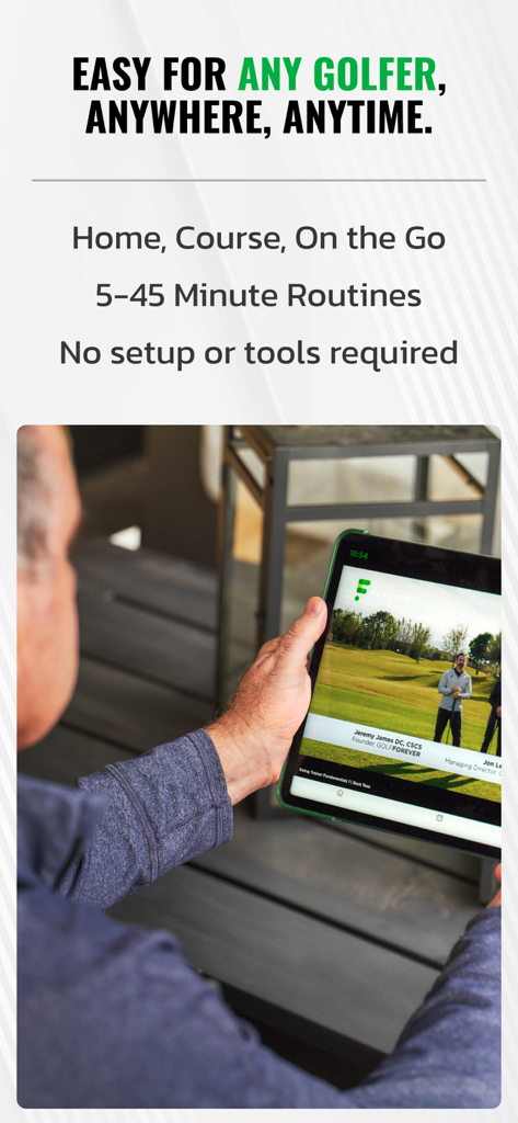 GOLFFOREVER - A golfer using the GOLFFOREVER app on a tablet for a quick fitness routine outdoors