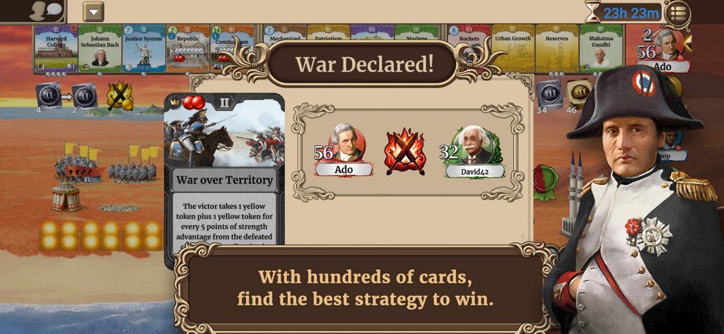 Through the Ages - Pantalla del juego móvil Through the Ages mostrando una declaración de guerra y cartas de estrategia