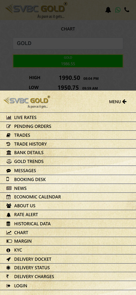 SVBC GOLD - SVBC Gold app navigation menu listing features like live rates gold trends and KYC registration