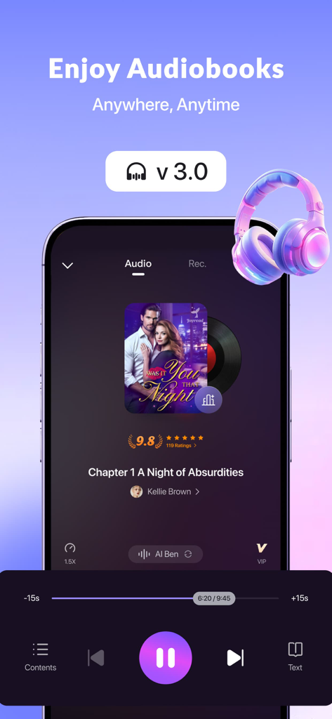 Screenshot of the JoyRead app showing the audiobook player with playback controls for a romance novel