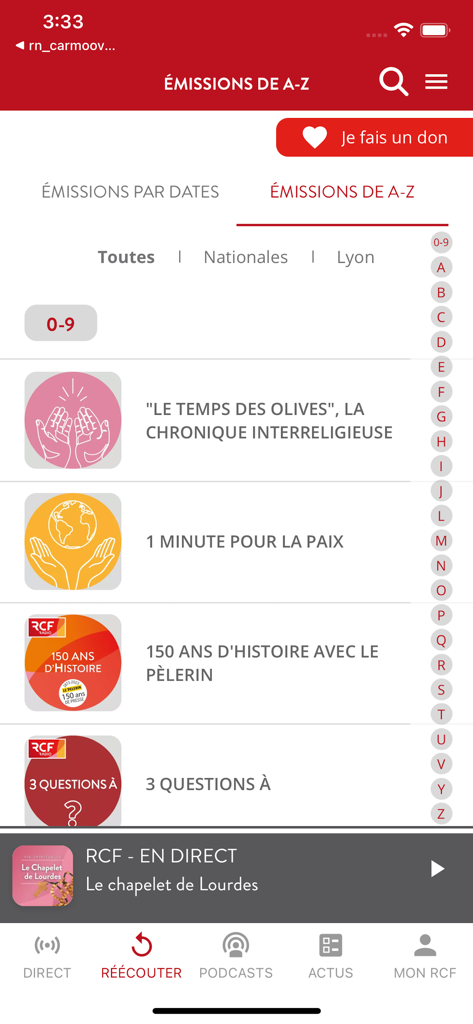 RCF - Info, Podcast, Culture - Liste alphabétique des émissions de radio et des podcasts sur l'application RCF