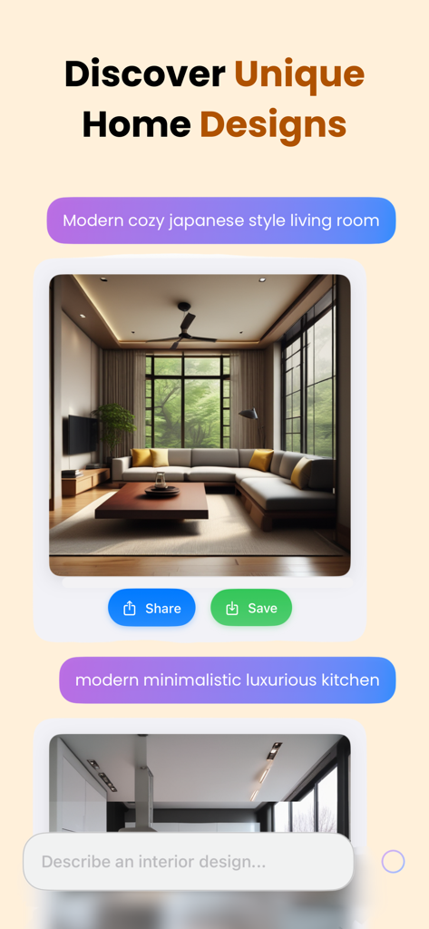 Arch AI Home Design & Interior - Interfaz de la aplicación Arch AI que muestra diseños de interiores generados por IA para un salón y una cocina