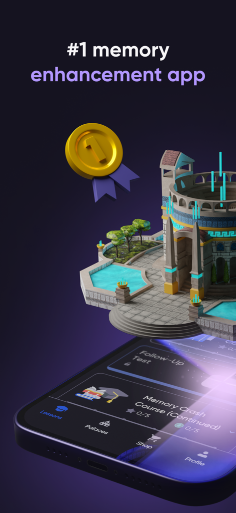 memoryOS・Improve Memory Skills - A 3D virtual mind palace floating above the memoryOS app interface showing memory enhancement lessons and a number one ranking