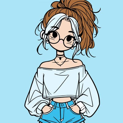 girl with a messy ponytail glasses a baggy crop top and jean shorts