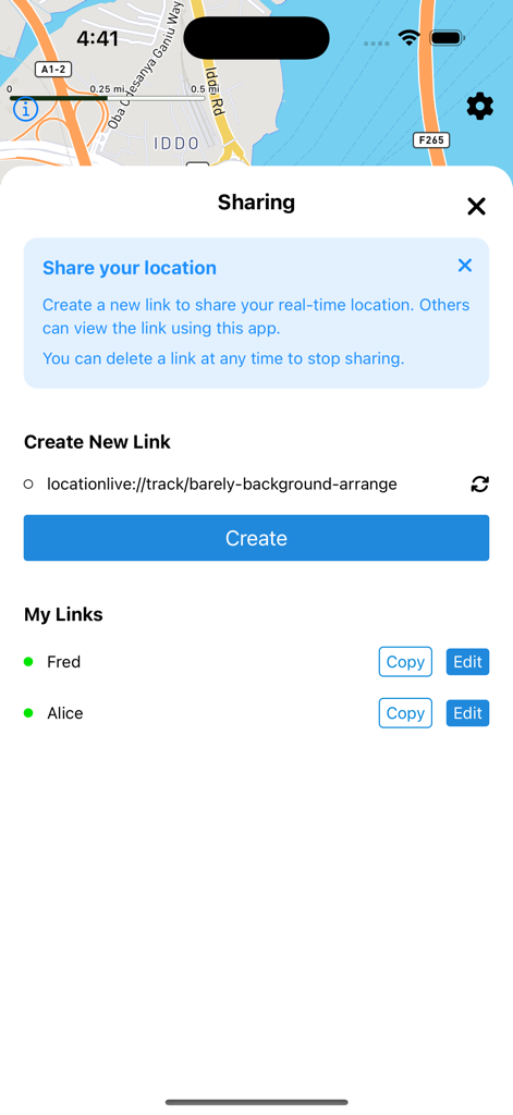 Location Live: GPS Tracking - Una pantalla de aplicación móvil titulada Compartiendo que muestra opciones para crear nuevos enlaces de ubicación en tiempo real y una lista de enlaces activos para Fred y Alice