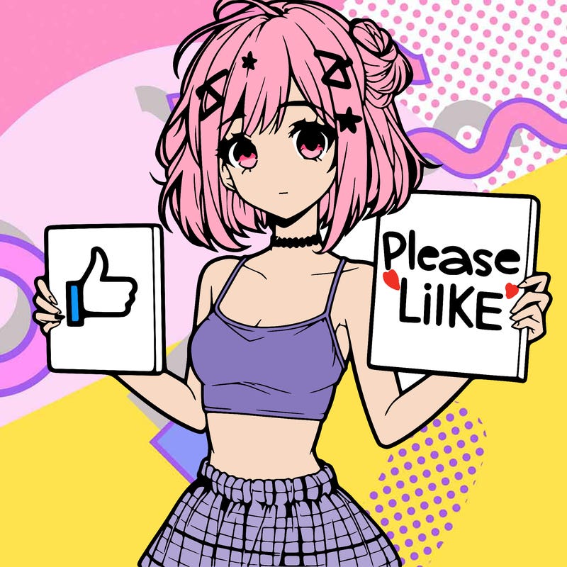 anime girl with crop top  holding a please like sign with a medium sized skirt