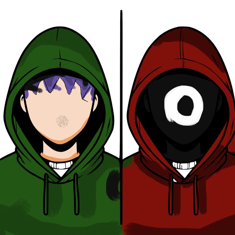 a person with a hoodie and no face, the drawing is split in 2