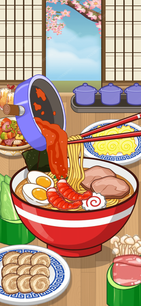 Una escena vibrante de ASMR Chef Cozy Cooking Game que muestra un tazón de ramen siendo preparado con varios ingredientes en una cocina japonesa.