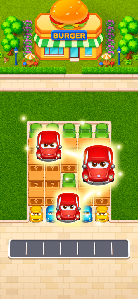 Car Sort · - Captura de pantalla del juego Car Sort que muestra un puzzle de combinaciones de tres con coches rojos cerca de una tienda de hamburguesas.