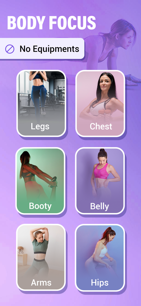 Flat Stomach Workout - 30 Days - Pantalla de selección para entrenamientos de áreas del cuerpo específicas que incluyen piernas, glúteos y abdomen sin necesidad de equipo.