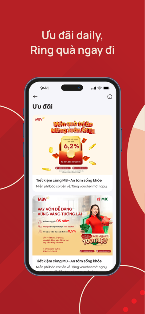 MBV Bank mobile app interface displaying daily promotions for savings and loans in Vietnam