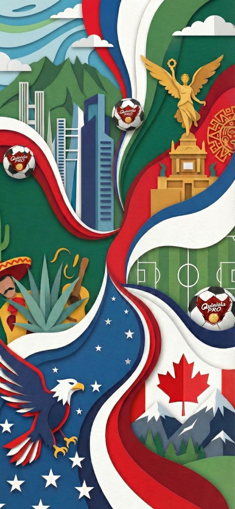 Quiniela PRO - Colorful illustration representing Mexico USA and Canada with soccer balls for the 2026 World Cup soccer pool app