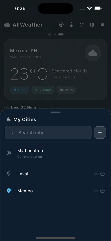 AllWeather Minimal - Screenshot of the AllWeather Minimal app showing the My Cities list with a search bar and saved locations like Laval and Mexico