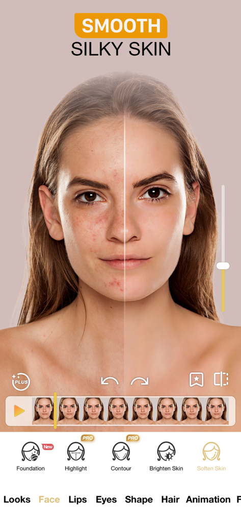 Perfect365 Video Makeup Editor - Before and after split screen comparison showing skin smoothing and blemish removal in a video editing app