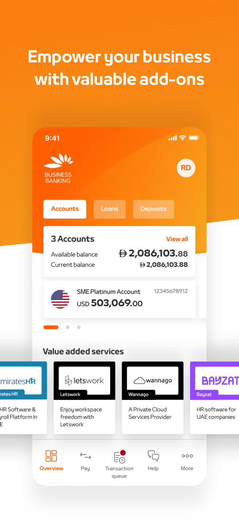 Painel do aplicativo móvel Mashreq Biz mostrando saldos de contas disponíveis e uma seleção de serviços empresariais integrados, como gerenciamento de RH e espaço de trabalho