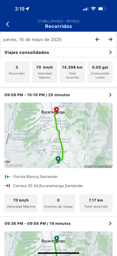 Monitoreo de Flotas SURA - SURA Flottenüberwachungs-App zeigt Routenhistorie und Fahrtenstatistiken an