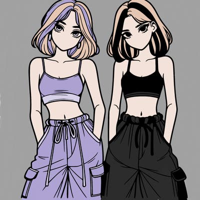 two girls with crop top with baggy pants