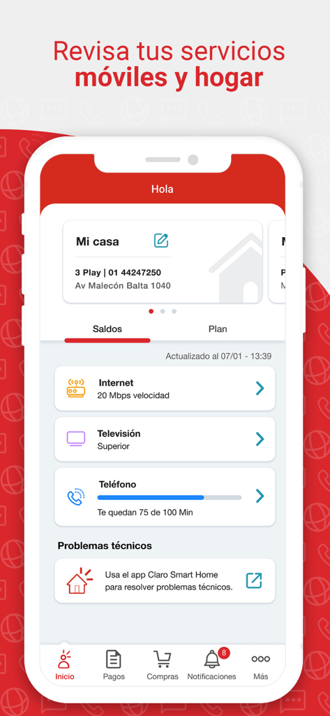Mi Claro Perú - Interfaz de la aplicación Mi Claro Peru que muestra los saldos de los servicios del hogar para internet, televisión y teléfono
