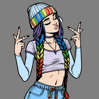 realistic teenage girl with braids and a beanie and crop top doing 🫶🏼