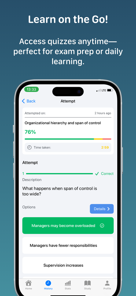 Business Administration - Smartphone displaying a business administration quiz about organizational hierarchy and span of control.