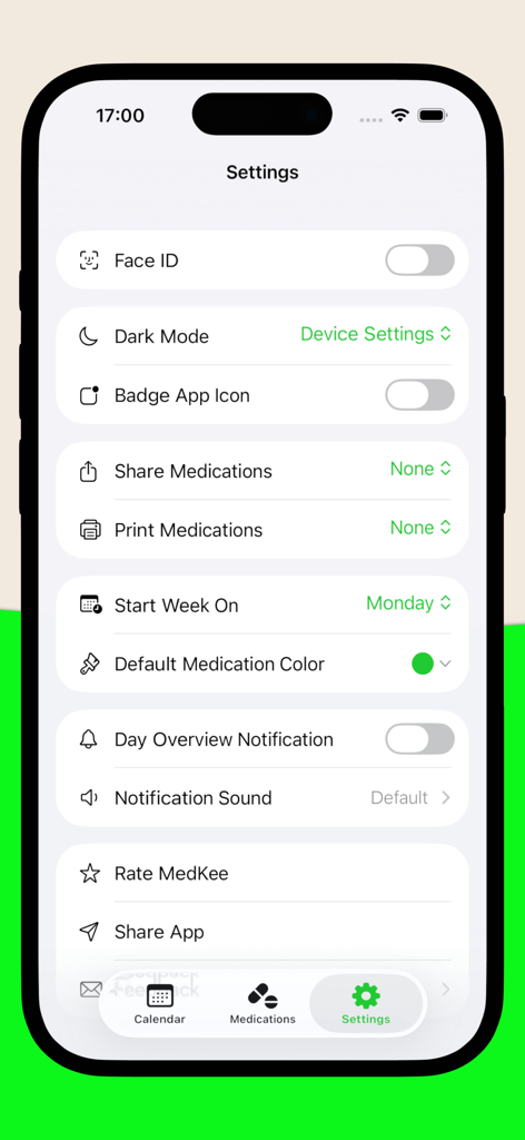 Pill – Medication Reminder - Settings screen of the MedKee app showing options for notifications, security, and sharing medication reports