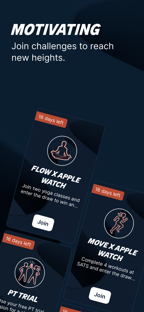 SATS mobile app screen showing motivating fitness challenges and Apple Watch integration