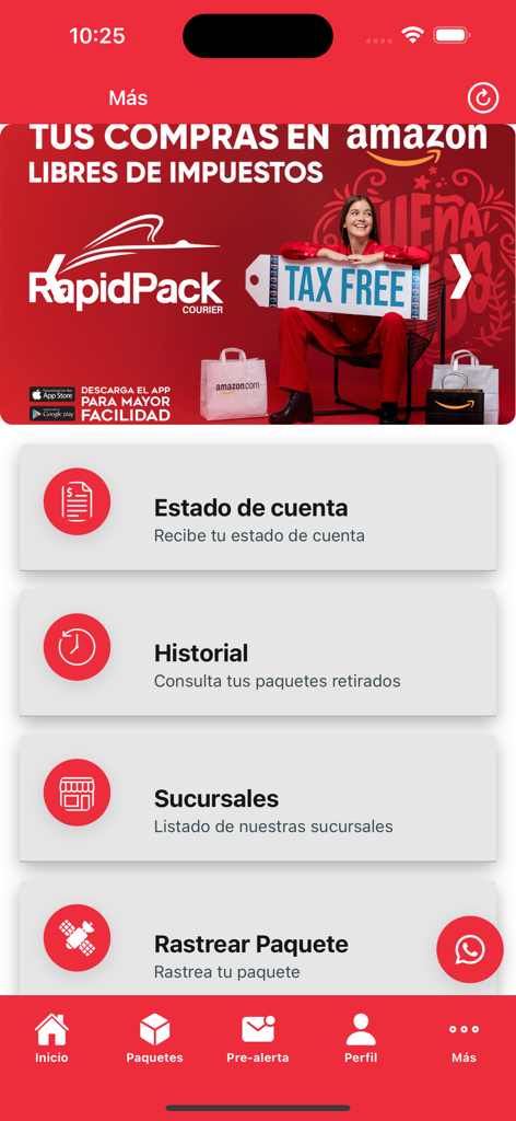 Rapid Pack - Menú principal de la aplicación móvil Rapid Pack en español mostrando opciones de estado de cuenta, historial, sucursales y seguimiento de paquetes