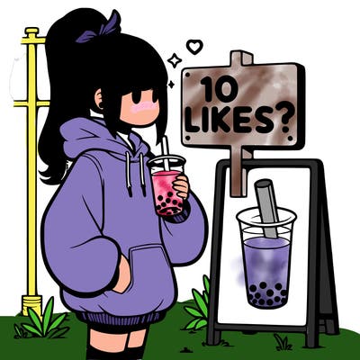 girl with oversized hoodie drinking boba and she has a high ponytail with a sign that says 10likes?