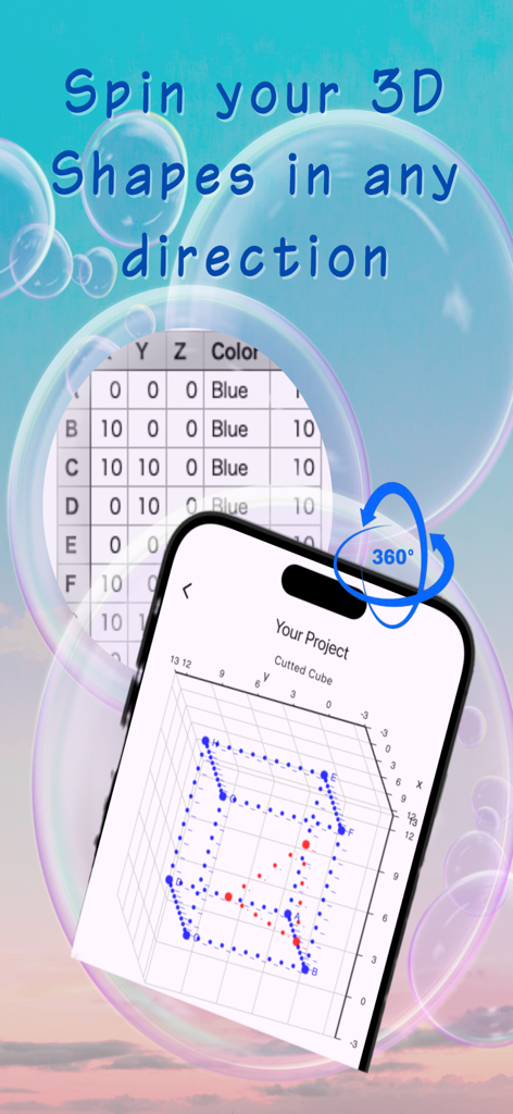 Scatter3D Maker - Mobile app interface displaying a 3D scatter plot of a cube with coordinate data and a 360-degree rotation feature