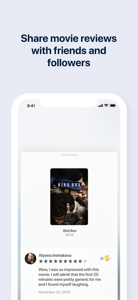 Must for Movies & TV - Must app interface displaying a movie review for Bird Box with user rating and social engagement features