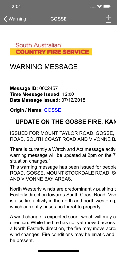 SA Fires - Official emergency fire warning message for Gosse from the South Australian Country Fire Service displayed in the SA Fires app interface.