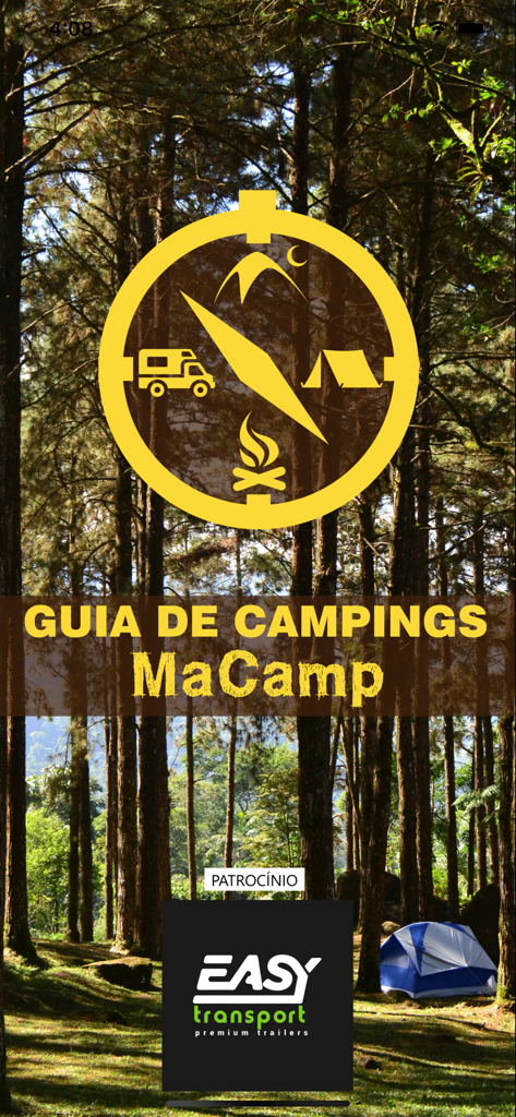 MaCamp-Guia Camping e Campismo - MaCamp camping guide app welcome screen featuring a yellow compass logo and forest background
