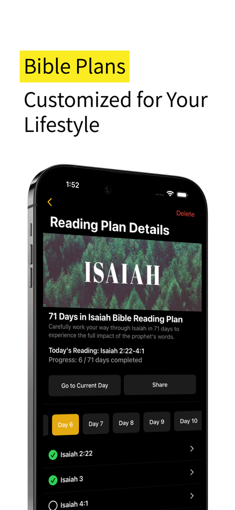 Bible Study Tools - Bible Study Tools app interface showing a 71-day reading plan for the book of Isaiah with progress tracking