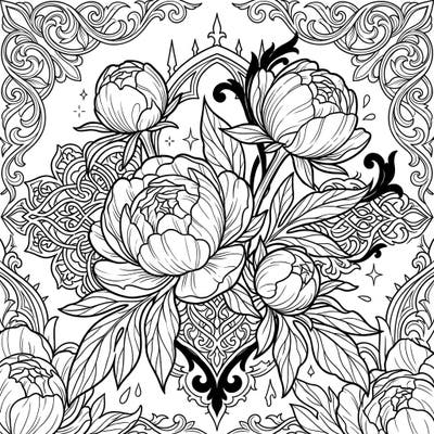 Explore the enchanting blend of delicate peony buds and dramatic Gothic artistry in this unique coloring template designed for teens. Perfect for those who love intricate floral designs with a touch of dark elegance.