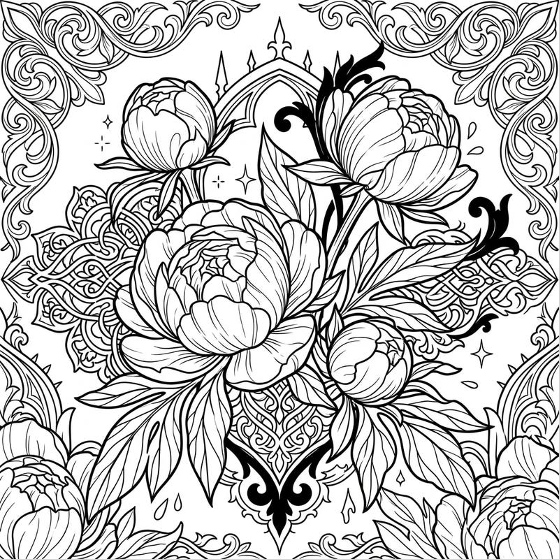 Explore the enchanting blend of delicate peony buds and dramatic Gothic artistry in this unique coloring template designed for teens. Perfect for those who love intricate floral designs with a touch of dark elegance.