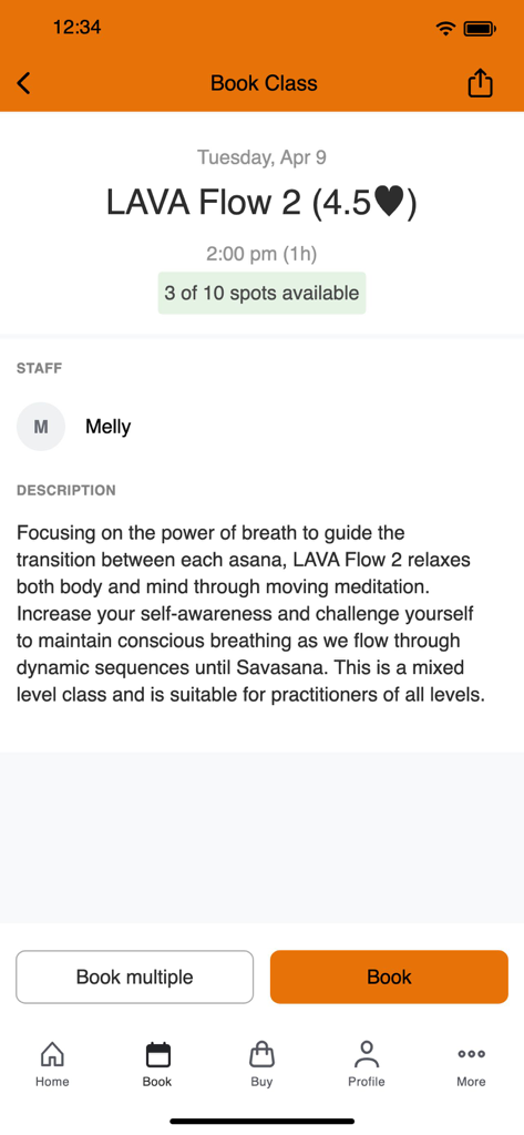 LAVA Singapore app screen showing booking details for a LAVA Flow 2 yoga class