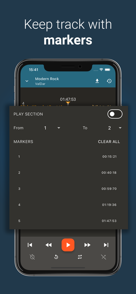 Up Tempo: Pitch, Speed Changer - Up Tempoアプリの画面。曲のセクションを追跡するためのマーカー機能を表示